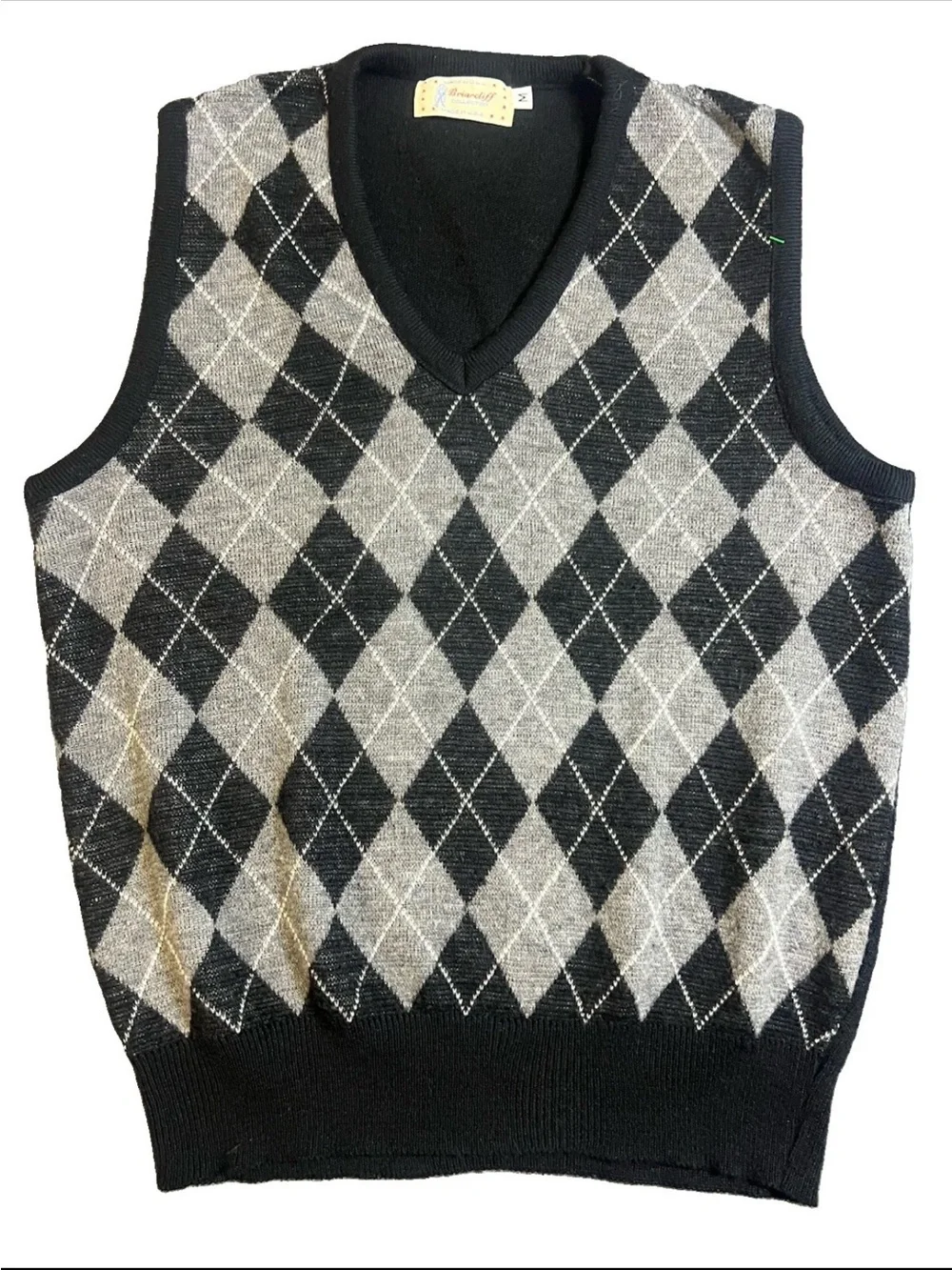 Vintage Gray & Black V-Neck Sweater Vest-Briarcliff USA M Dark Academia Preppy